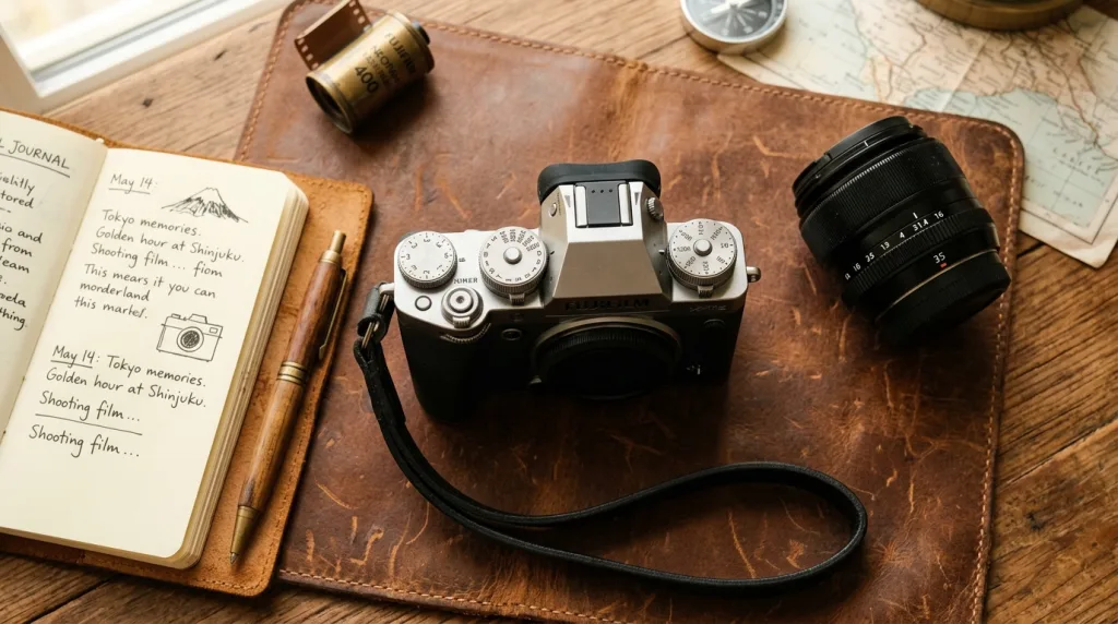 Fujifilm X-T5 retro-styled APS-C mirrorless camera with physical dials on a leather mat