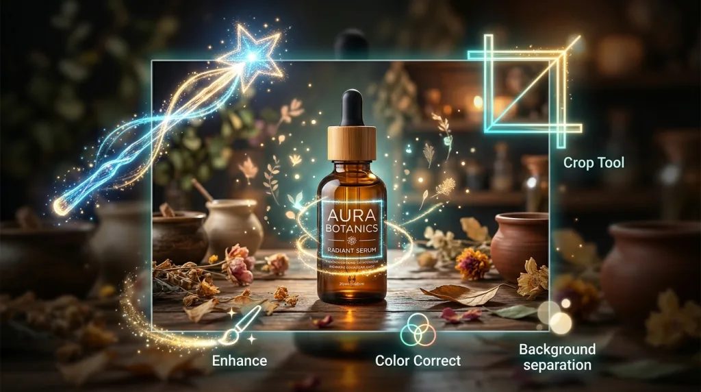 Futuristic AI photo editing tool transforming a plain ecommerce product image into a vibrant lifestyle scene.