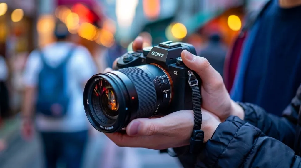 Futuristic mirrorless camera demonstrating AI autofocus subject tracking technology.