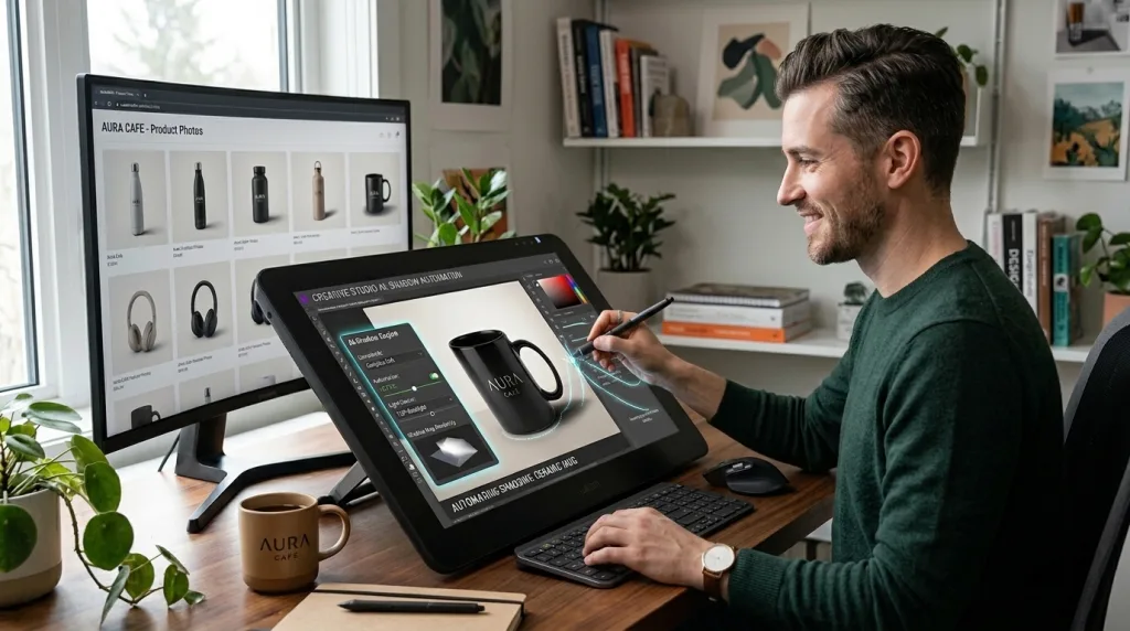 Graphic designer using AI-powered photo editing tools and a digital stylus to automate perfect product shadows for e-commerce.