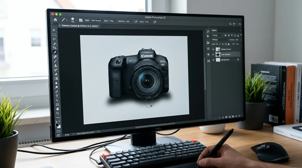 Graphic designer using Photoshop software tools to adjust opacity and edge blur for realistic product shadow creation.