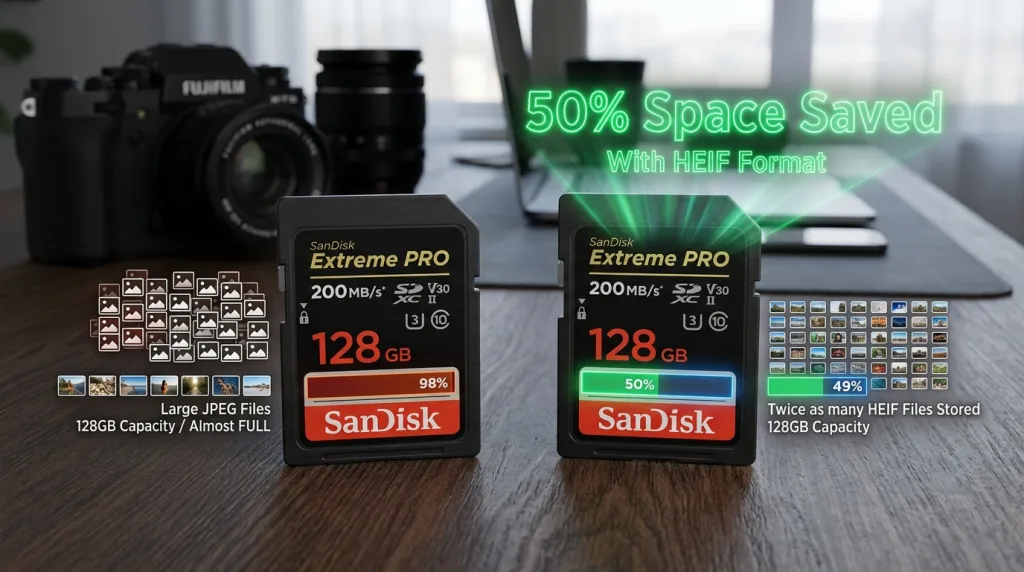 HEIF compression efficiency saving storage space on a camera memory card