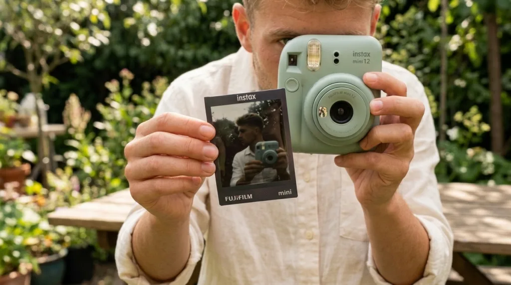 Hands holding a modern instant camera while a real polaroid photo develops in the foreground.