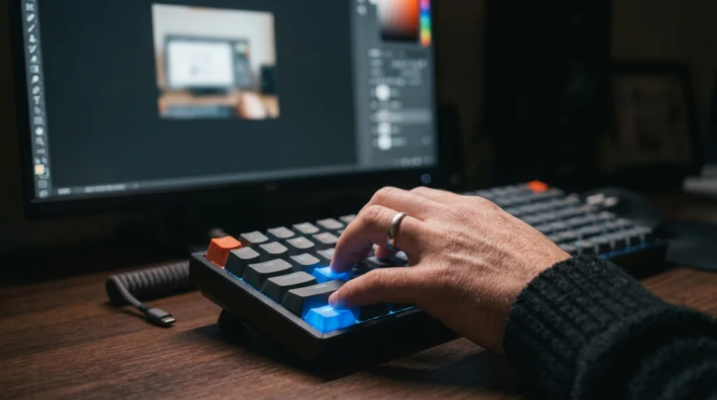 Hands pressing Ctrl plus Z on a keyboard to undo an action in Photoshop