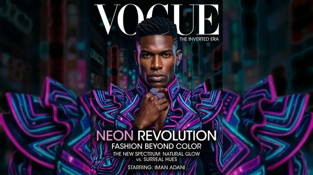 High-fashion editorial portrait featuring natural skin tones with a color-inverted surreal background.