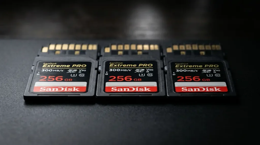 High-performance 256GB UHS-II V90 SD cards recommended for shooting 4K video and uncompressed RAW photography workflows.