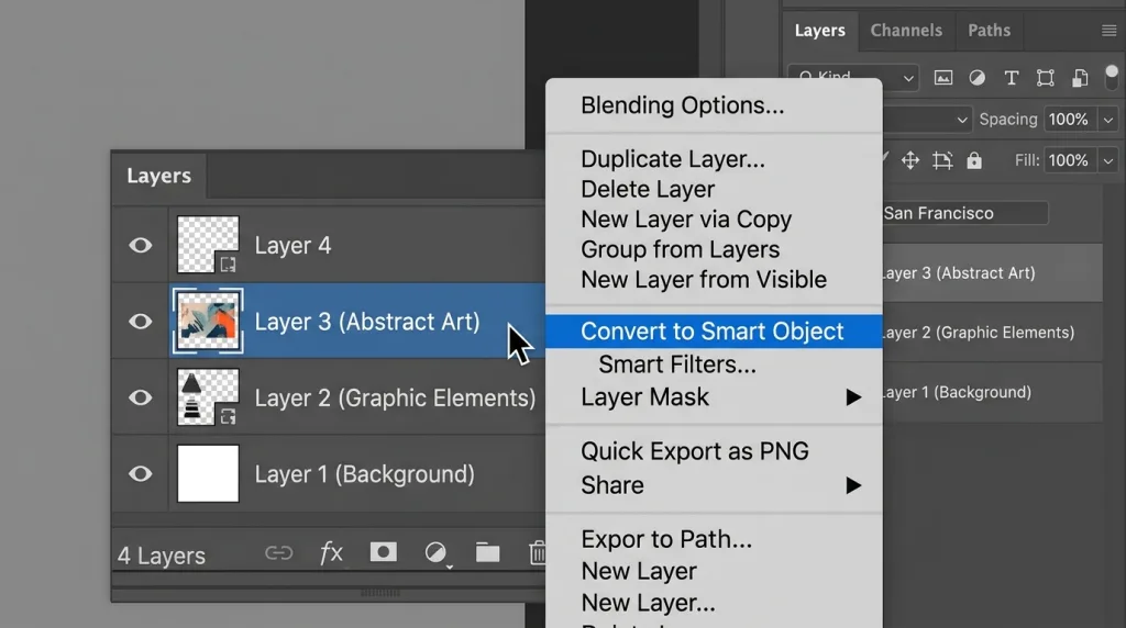 How to convert a layer to a Smart Object in Photoshop for non-destructive image resizing.
