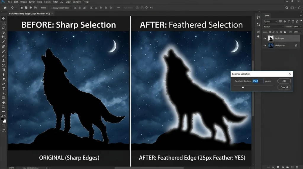 How to use Photoshop feather selection tool to soften image edges
