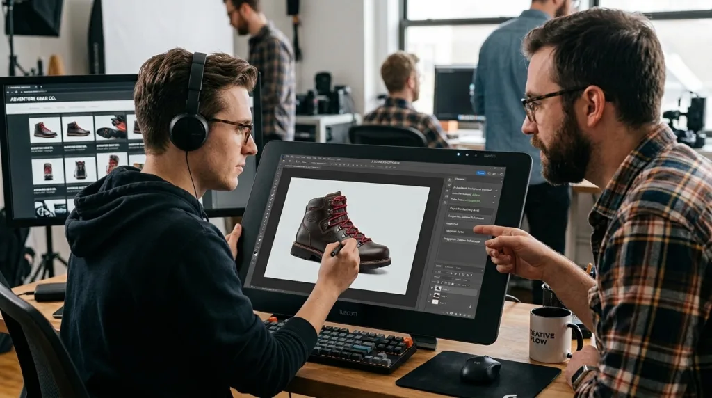 Human photo editor and AI working together on a graphic tablet to create perfect ecommerce product photos.
