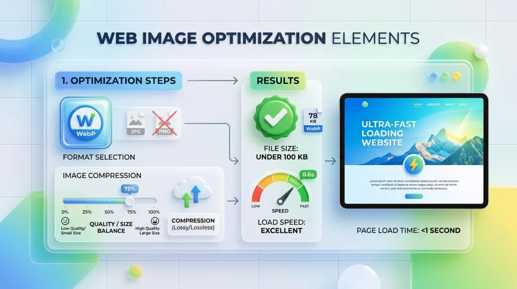 Image optimization guide for web showing compression tools, WebP format, and fast page speed icons.