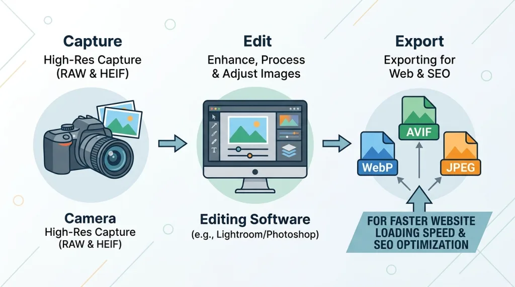 Image optimization workflow for website SEO using WebP and compressed JPEG formats