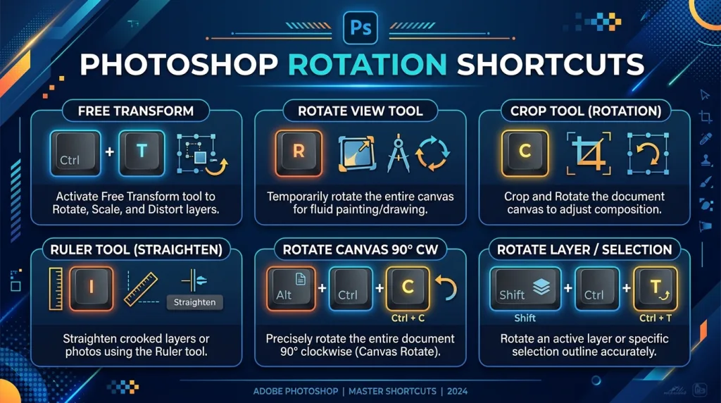 Infographic cheat sheet showing the essential keyboard shortcuts for rotating and transforming images in Photoshop.