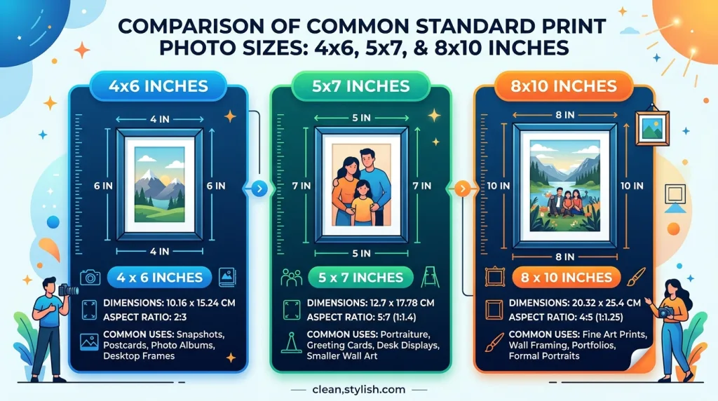 Infographic comparing common standard print photo sizes like 4x6, 5x7, and 8x10 inches.
