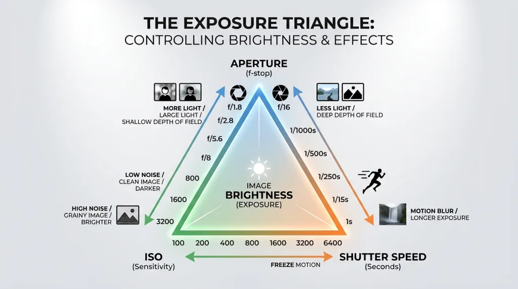 Infographic diagram explaining the exposure triangle components aperture shutter speed and ISO for beginner photography