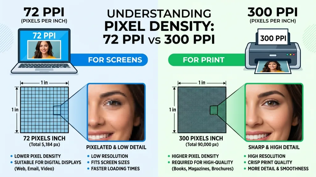 Infographic explaining the difference between image pixels, resolution, and file size in Photoshop.