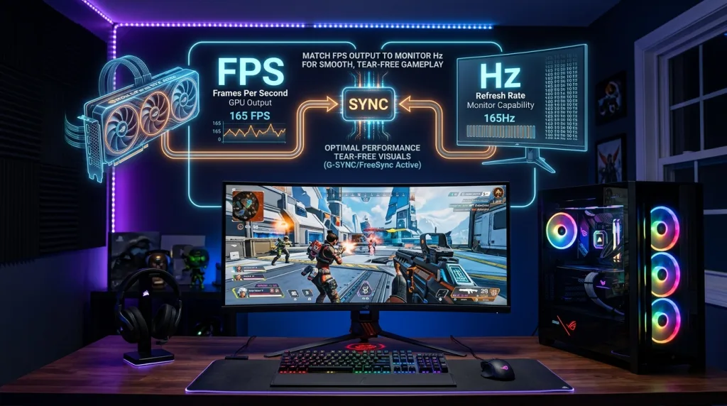 Infographic explaining the technical difference between GPU frame rate (FPS) and monitor refresh rate (Hz).