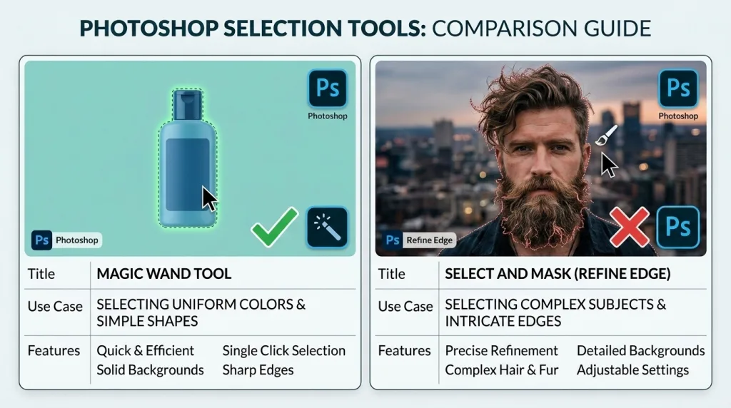 Infographic guide comparing Photoshop selection tools including Magic Wand versus Select Subject.