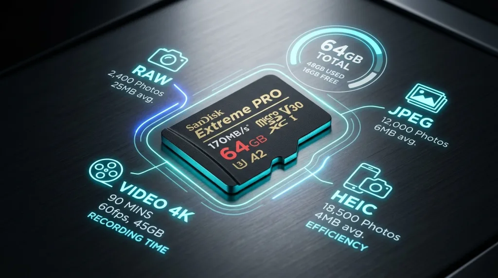 Infographic showing how many JPEG, HEIC, and RAW photos fit on a 64GB memory card.