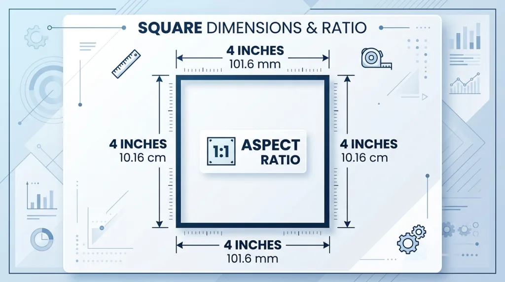 Infographic showing the exact dimensions of a 4x4 picture in inches, centimeters, and millimeters