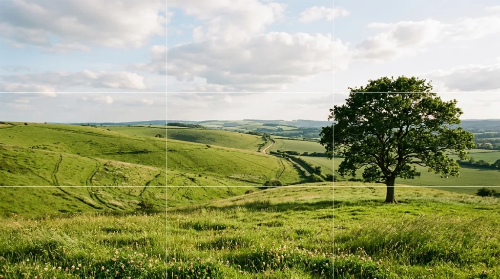 Landscape photography composition demonstrating the rule of thirds grid overlay with a tree subject.