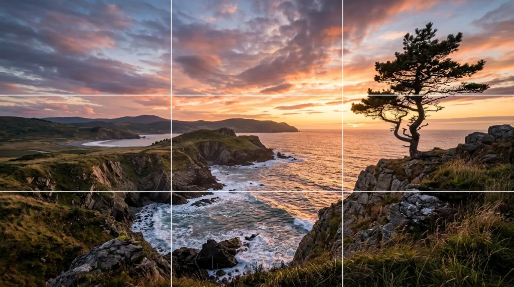 Landscape photography composition using the rule of thirds grid overlay