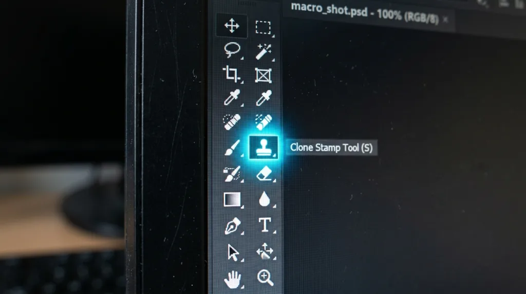 Location of the Clone Stamp tool icon in the Adobe Photoshop toolbar.
