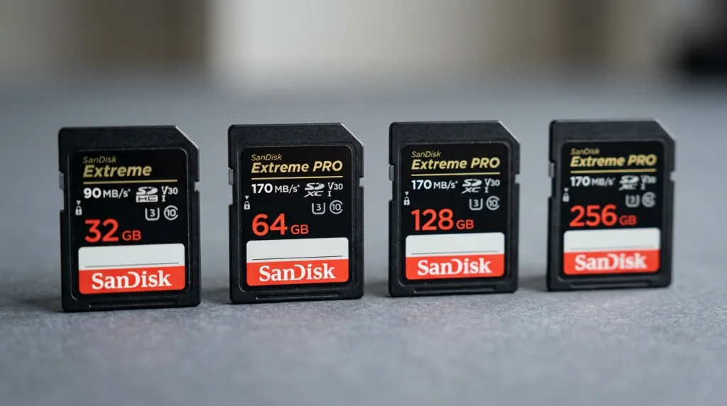 Memory card storage size comparison showing 32GB, 64GB, 128GB, and 256GB cards.