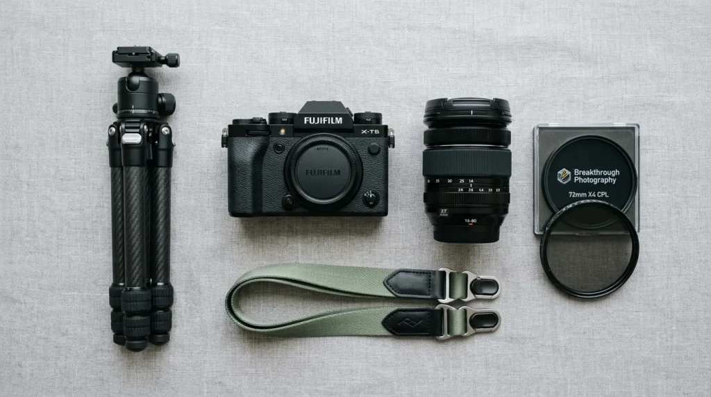 Minimalist travel photography gear kit with a mirrorless camera and lenses