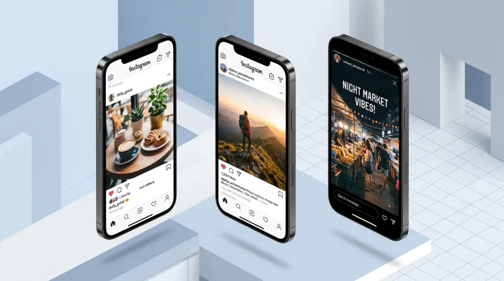 Mockup of smartphones displaying standard social media image sizes for square, vertical, and story posts.