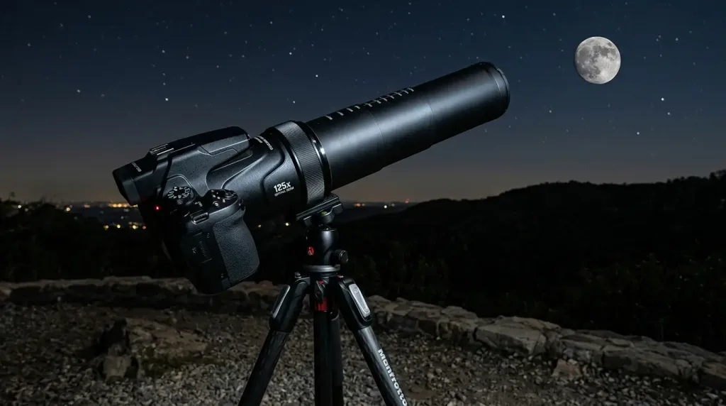 Nikon Coolpix P1100 ultra zoom camera with 125x optical zoom for moon photography.