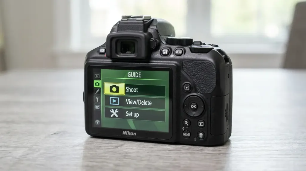 Nikon D3500 entry-level DSLR camera highlighting the beginner-friendly Guide Mode interface.