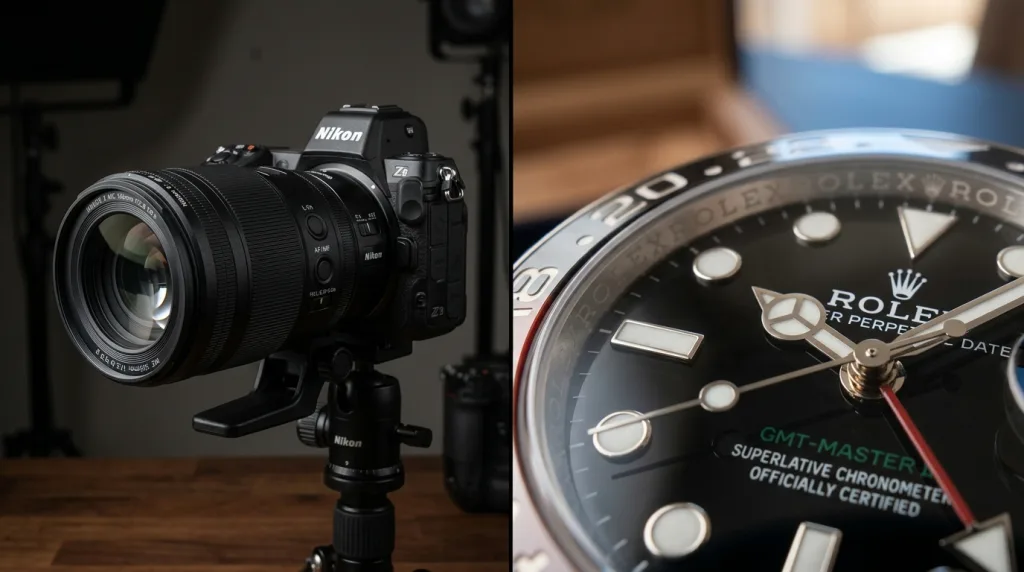 Nikon NIKKOR Z MC 105mm macro lens capturing sharp, detailed texture on a luxury watch.