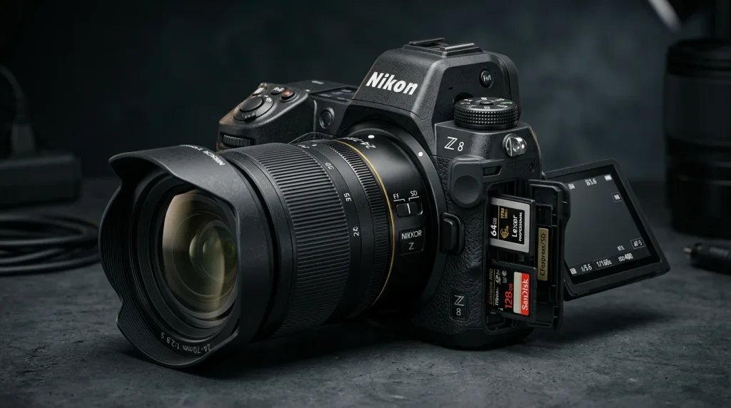 Nikon Z8 professional full-frame mirrorless camera with 24-70mm lens product shot