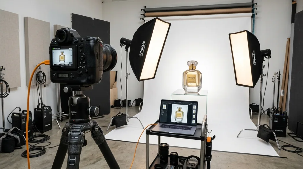 Nikon mirrorless camera on a tripod in a professional product photography studio setup.