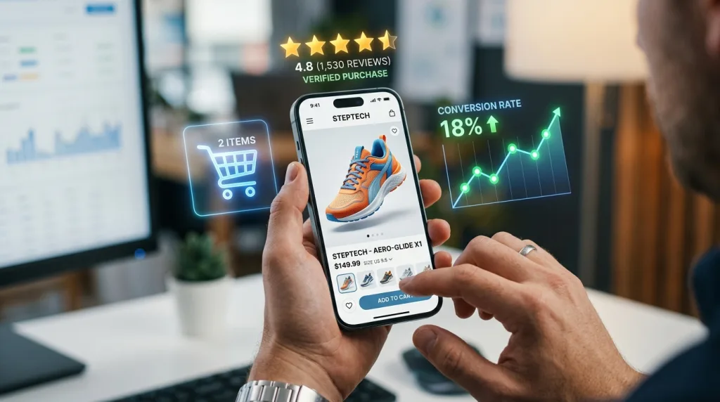 Online shopper using a smartphone surrounded by icons representing high ecommerce conversion rates and positive product reviews.