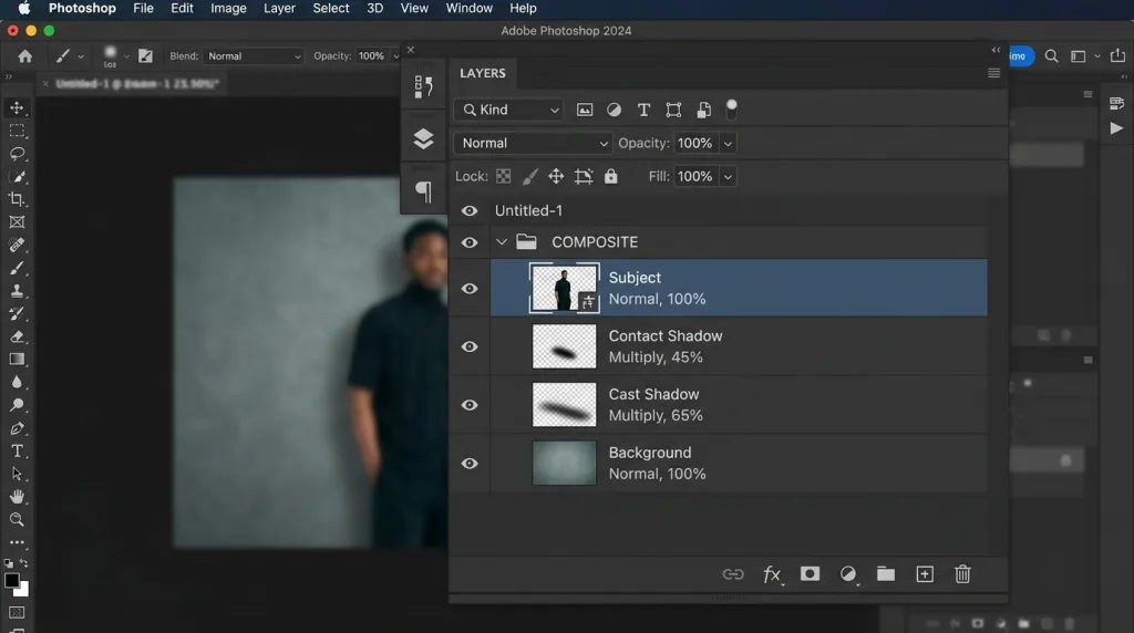 Organized Photoshop layers panel demonstrating best practices for separating subject and shadow layers.