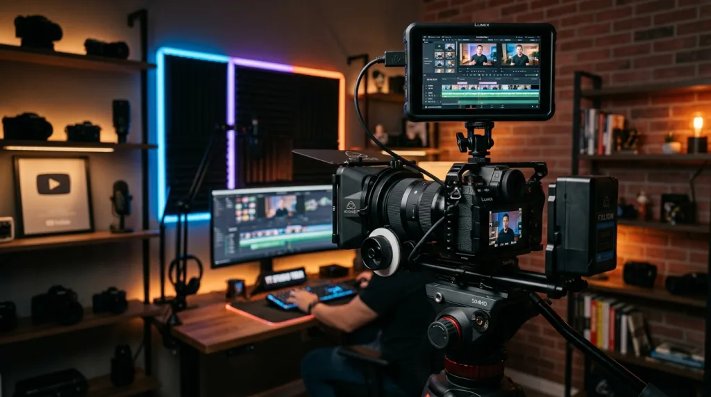 Panasonic Lumix S1 II mirrorless camera setup on a professional video rig for vlogging