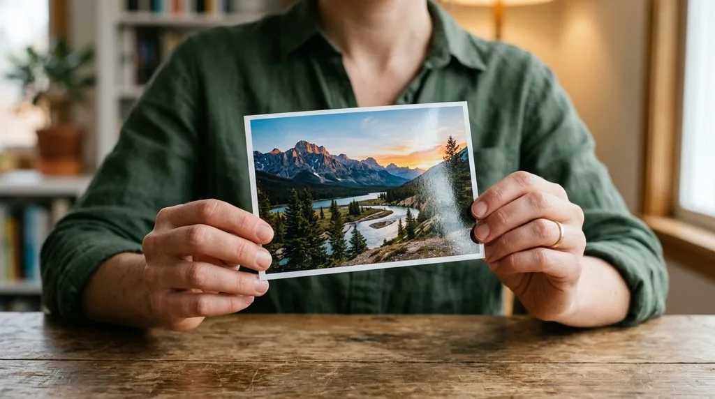 Person holding a printed 4x6 landscape photo in their hands.