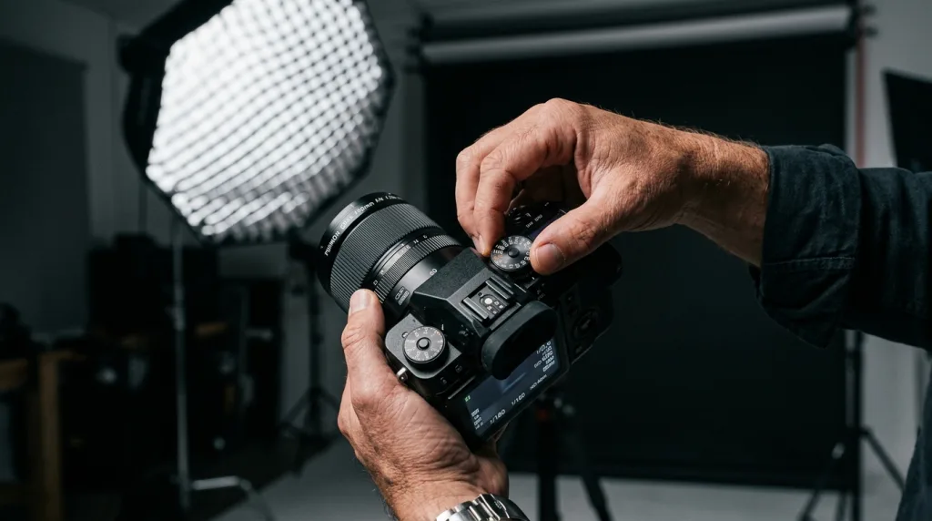 Photographer adjusting manual camera exposure settings in a commercial studio environment.