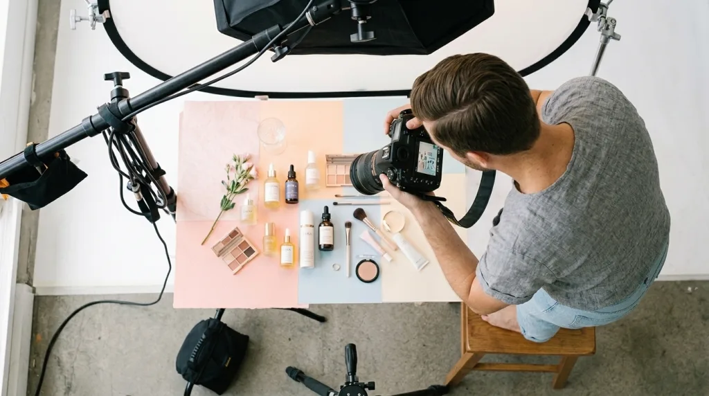 Photographer using a Nikon NIKKOR Z 24-70mm zoom lens for a top-down cosmetics flat lay shoot.