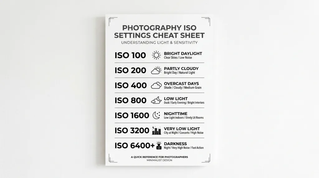 Photography ISO cheat sheet graphic showing recommended settings for various lighting conditions