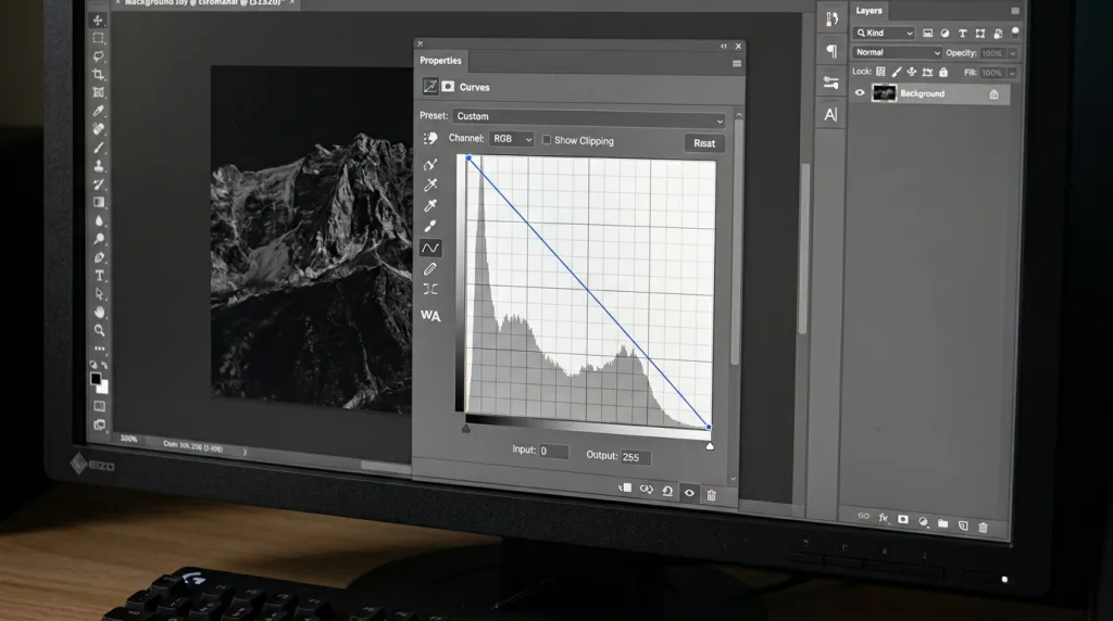 Photoshop Curves adjustment panel showing a reversed diagonal line for cinematic color inversion