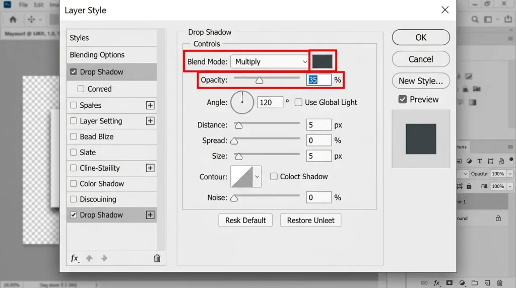 Photoshop Drop Shadow layer style settings box showing optimal adjustments for natural-looking shadows.