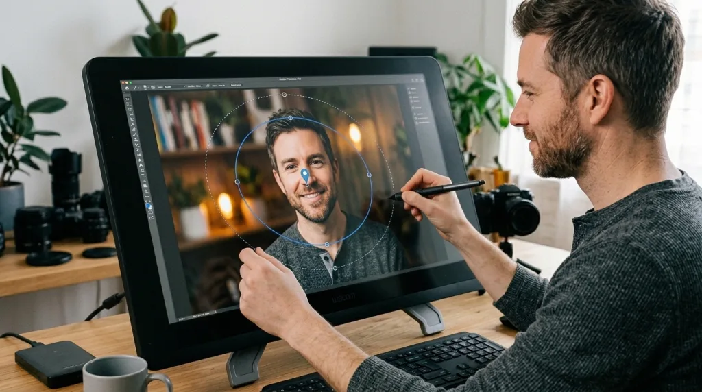 Photoshop Iris Blur gallery tool with elliptical pin controls on a family portrait