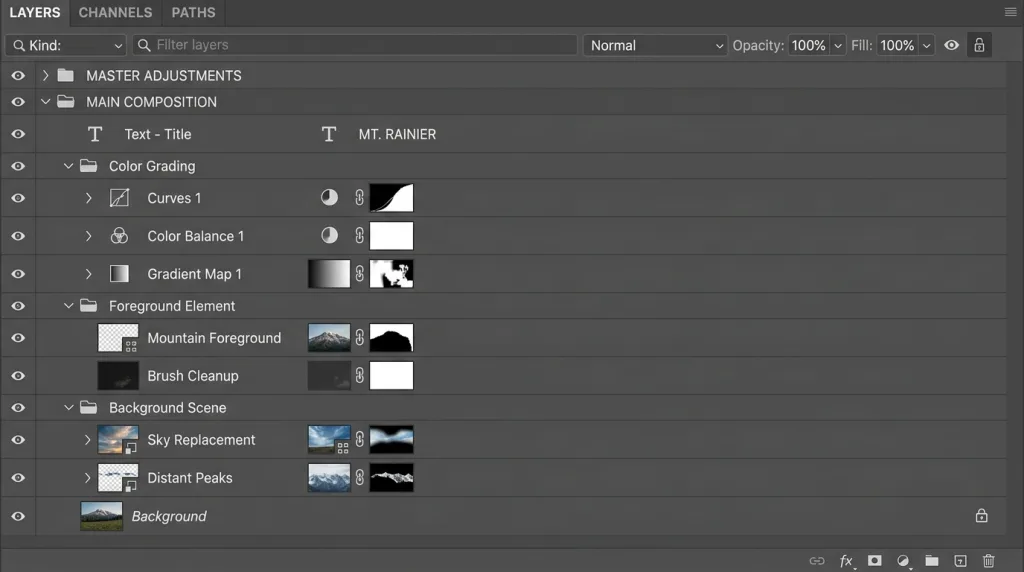 Photoshop Layers panel demonstrating non-destructive Smart Objects and masks