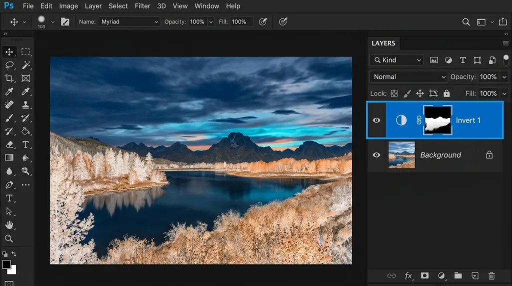 Photoshop Layers panel showing an Invert adjustment layer for non destructive color editing.