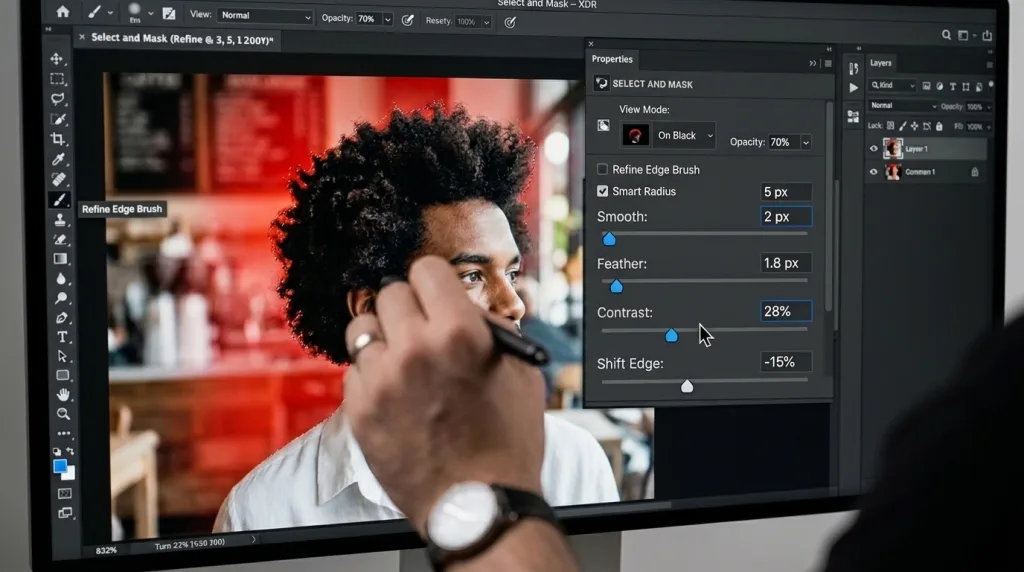 Photoshop Select and Mask workspace options for fixing edge halos and fringes after background removal.