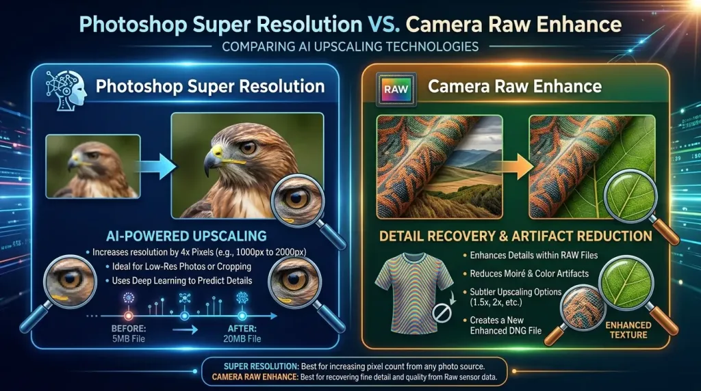 Photoshop Super Resolution vs Camera Raw Enhance feature