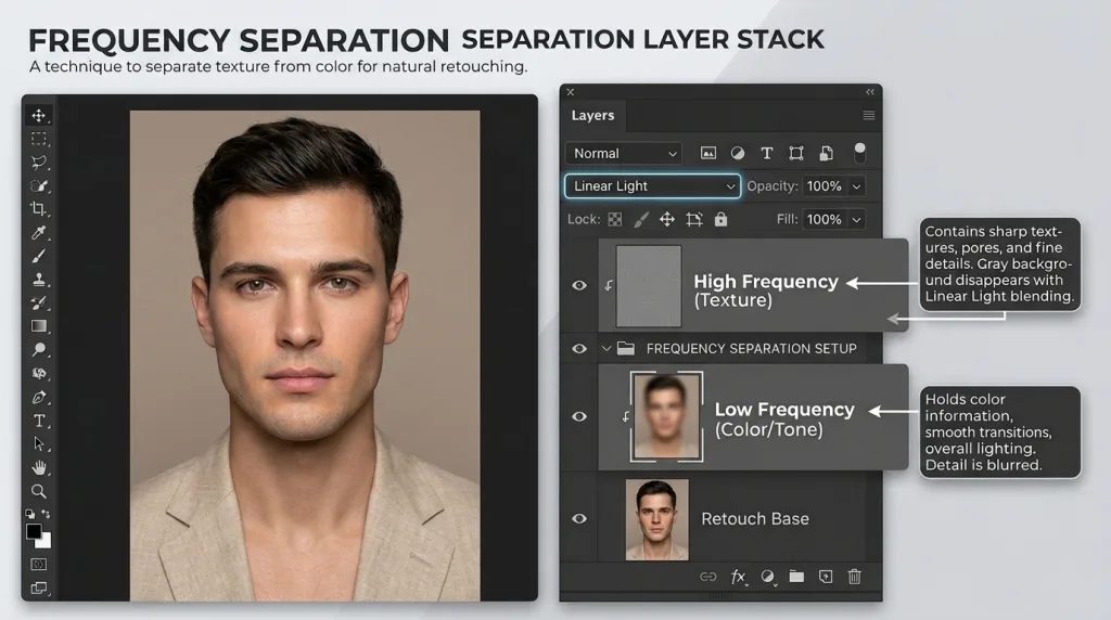 Photoshop layers panel showing the Frequency Separation setup for high-end fabric texture preservation and tone smoothing.