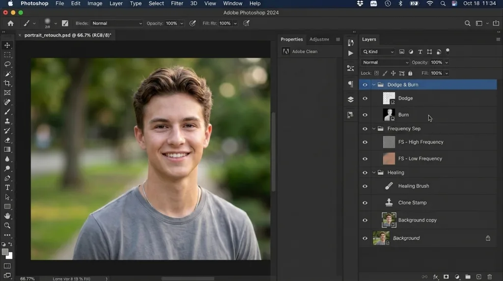 Photoshop workspace and layers panel setup for non-destructive clothing retouching and wrinkle removal.